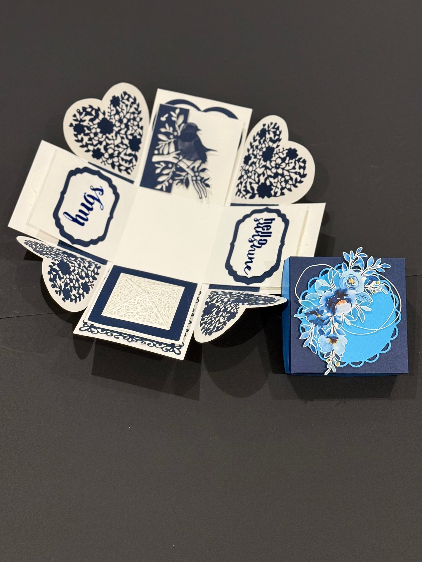 Handmade Blue Floral Explosion Gift Box – “Hugs & Hello” Edition