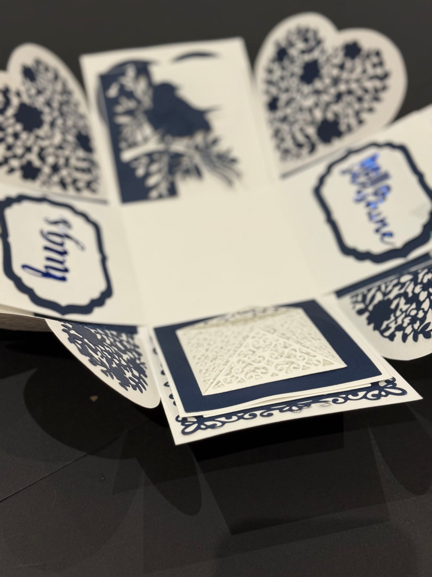 Handmade Blue Floral Explosion Gift Box – “Hugs & Hello” Edition
