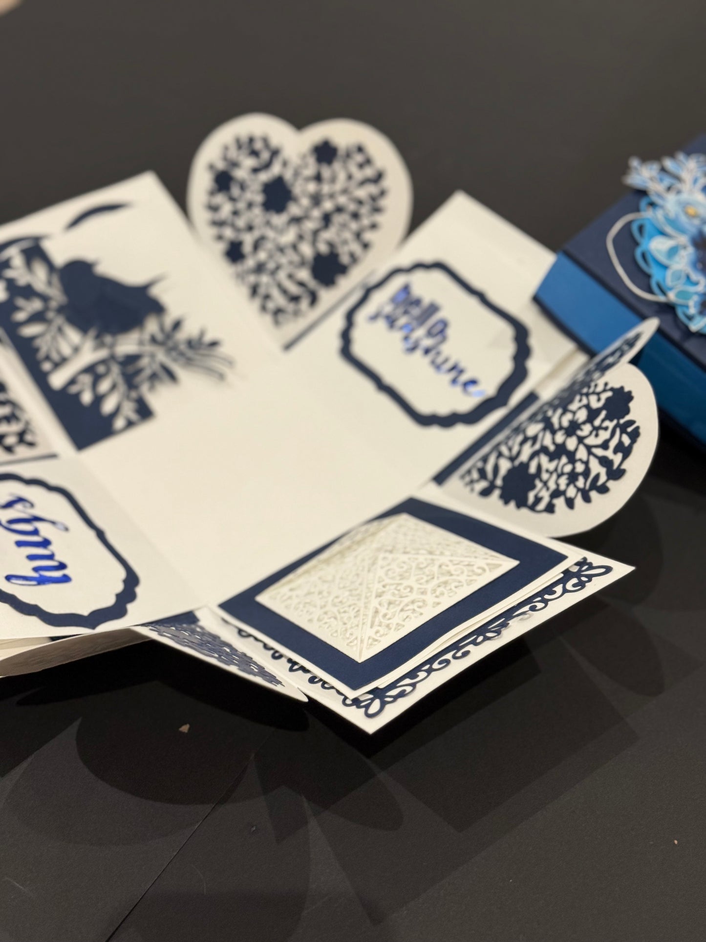 Handmade Blue Floral Explosion Gift Box – “Hugs & Hello” Edition