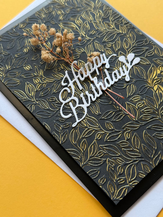 Handmade Elegant Birthday Card – Black & Gold Botanical