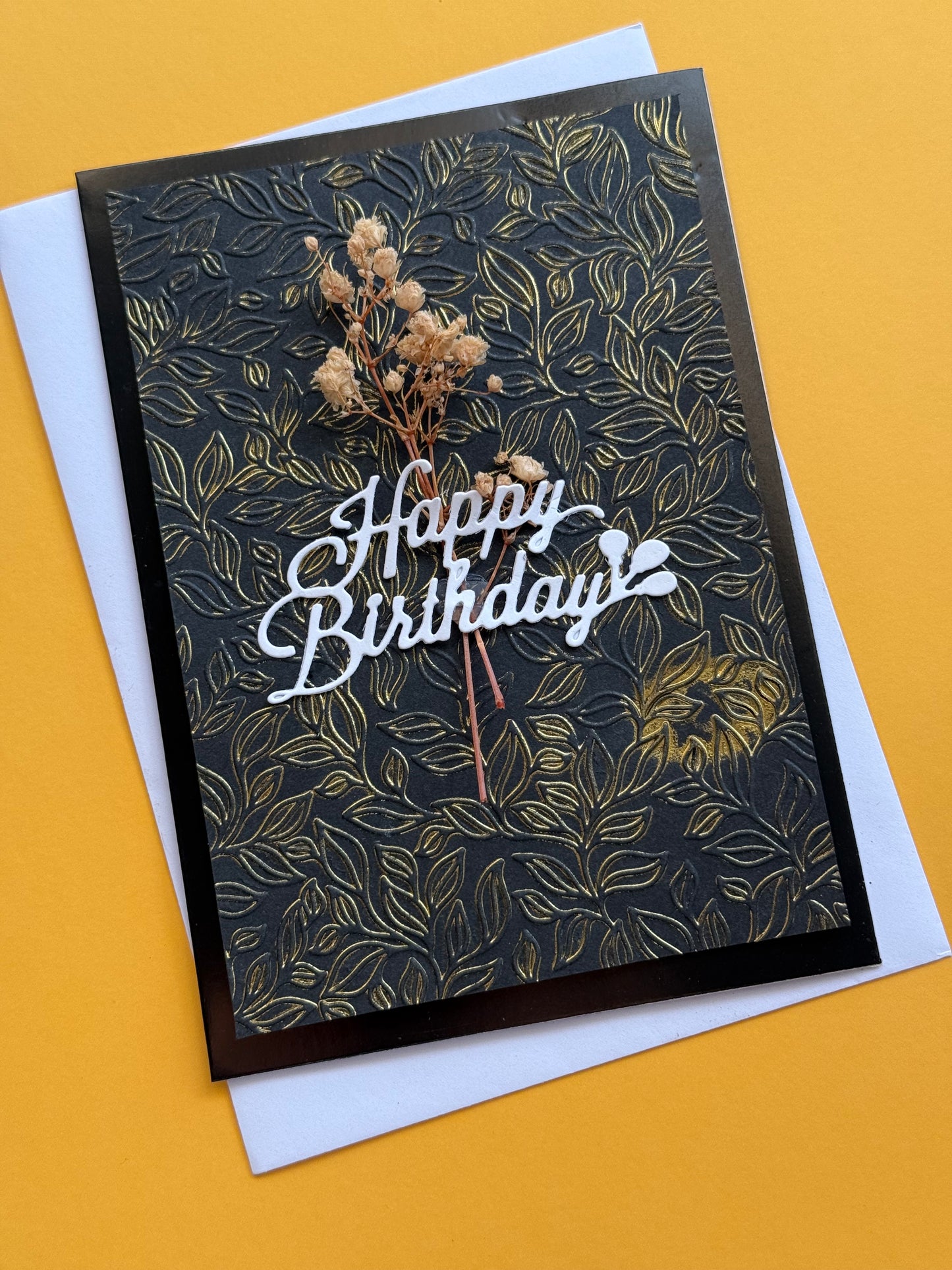 Handmade Elegant Birthday Card – Black & Gold Botanical